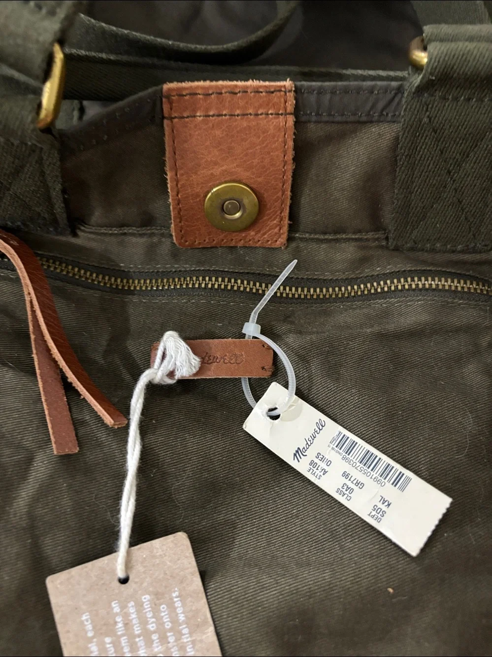 Madewell Olive Green Canvas tote Shoulder with Leather Accent